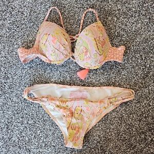 Victoria's Secret Pink Paisley Push-Up Bikini Set with Yellow & Green Accents